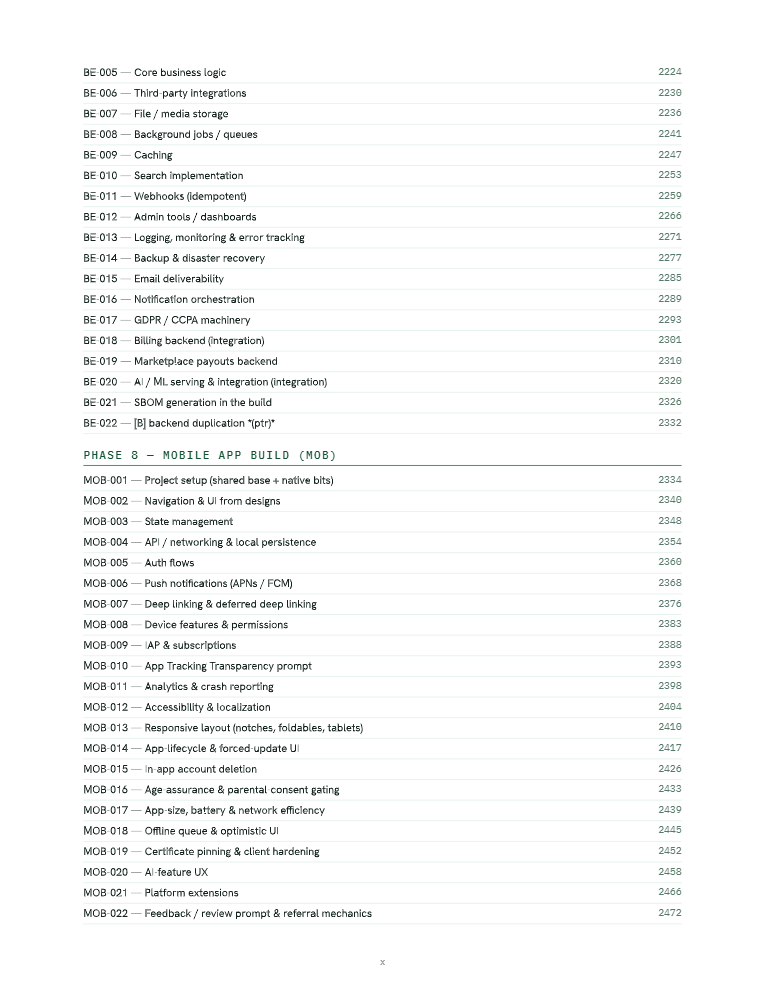 A real contents spread of the reference: two of the 18 phases, topic by topic